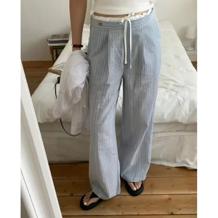 

Женские винтажные повседневные брюки в полоску с высокой талией, прямые, свободного кроя, с завязками, для отдыха, осенний сезон, полиэстер