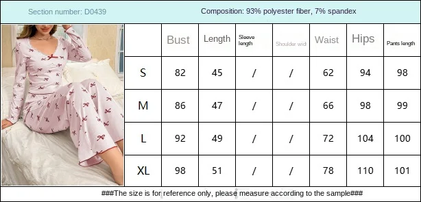 Pajama Set for Women Spring Fashion Bow Tie Long-Sleeved Long Pants Printed Stretch Comfortable Casual Home Clothes
