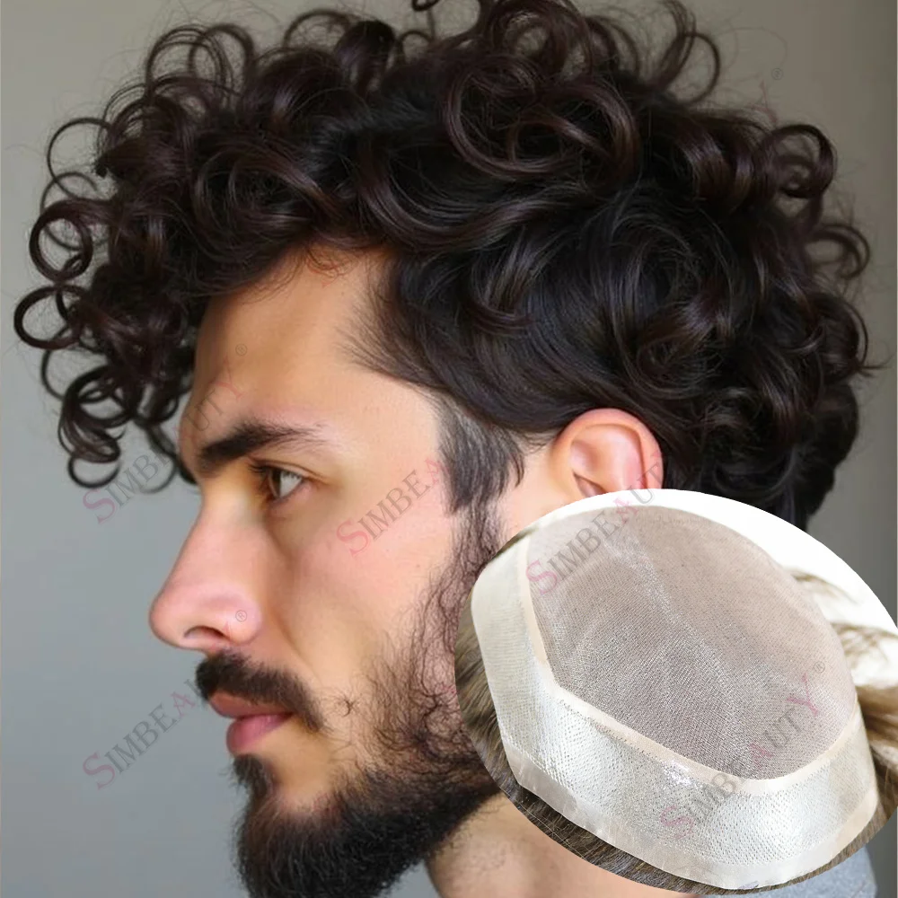 دائم 26 مللي متر مجعد آدمي للرجل تنفس الراحة أحادية بولي Base قاعدة بني داكن خصلات الشعر المستعار الإنسان نظام الشعر الطبيعي الاصطناعية