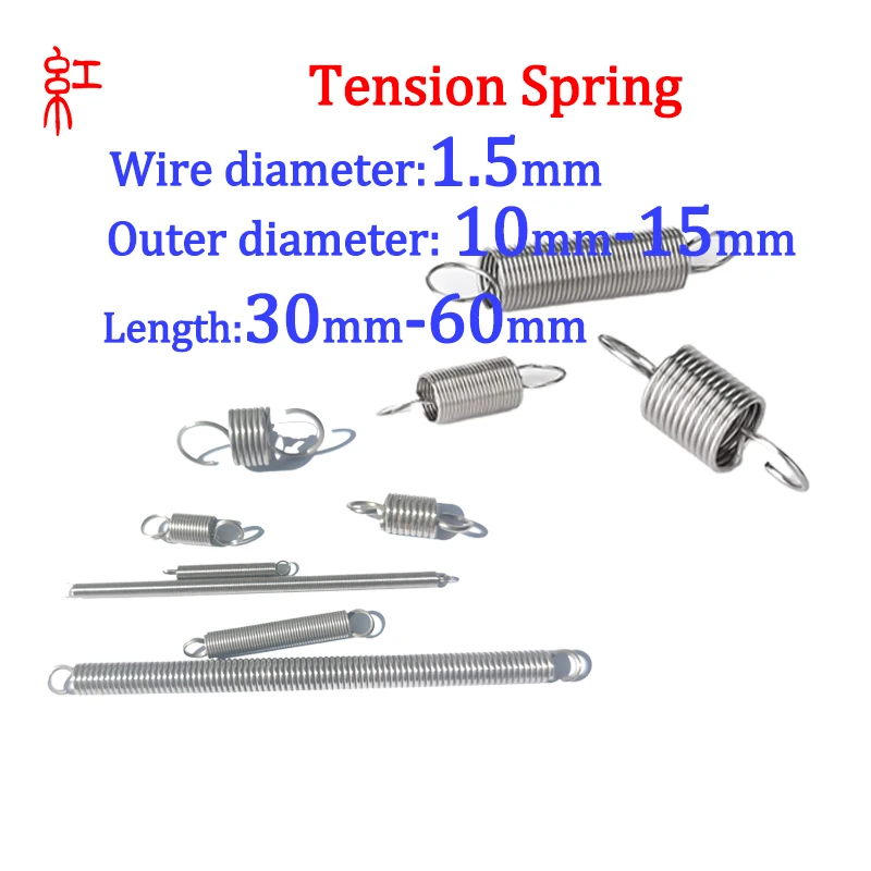 Wire diameter 1.5mm 304 Stainless Steel Tension spring  O/S Hook Round  Coil Pullback Extension Tension metal Spring wire