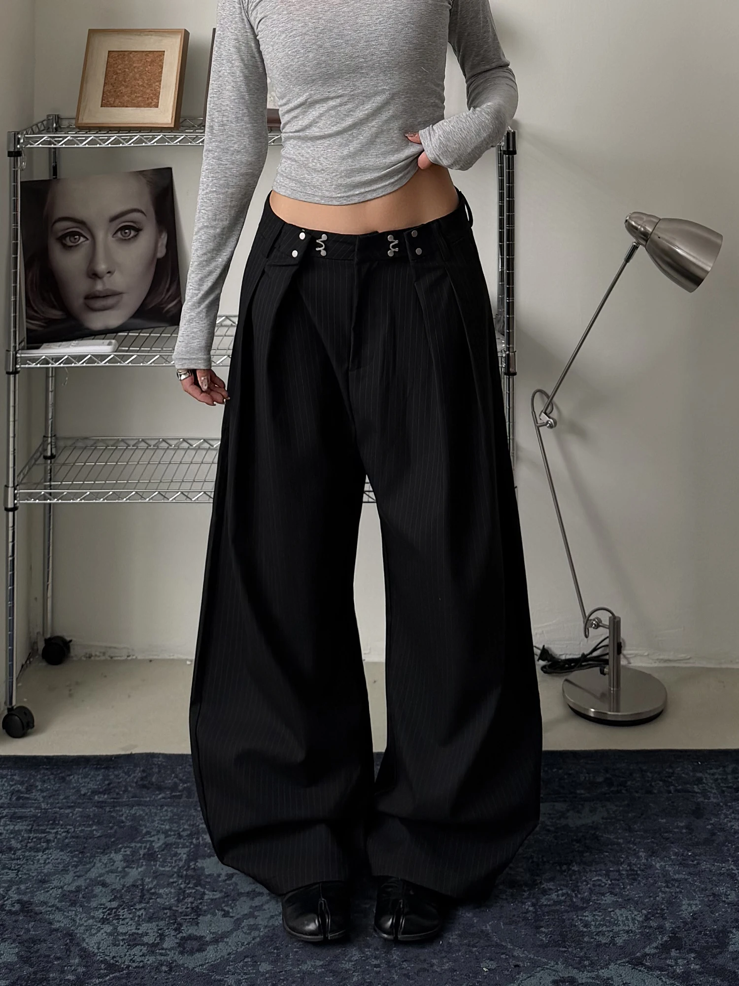 Pantalon décontracté à jambes larges et taille ajustable de style rétro américain pour femmes, à rayures, fluide, confortable, coupe droite