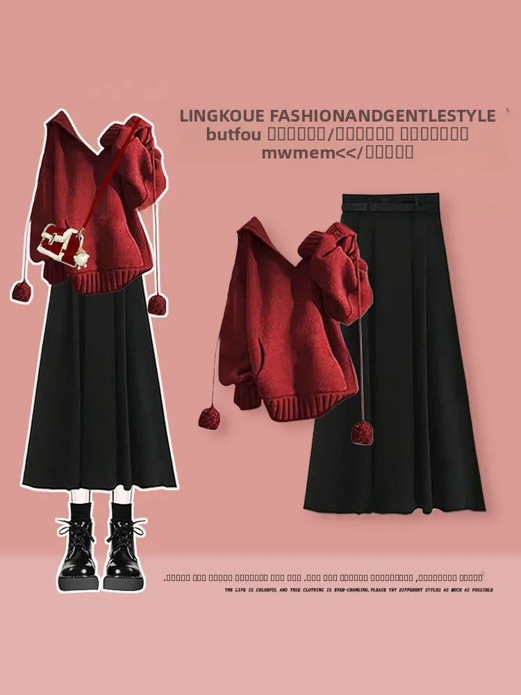 

Large Size Autumn College Sle Knitted Sweater Set Women's Korean Hat f Skirt Concealing Meat Two Piece Set Faionable C...