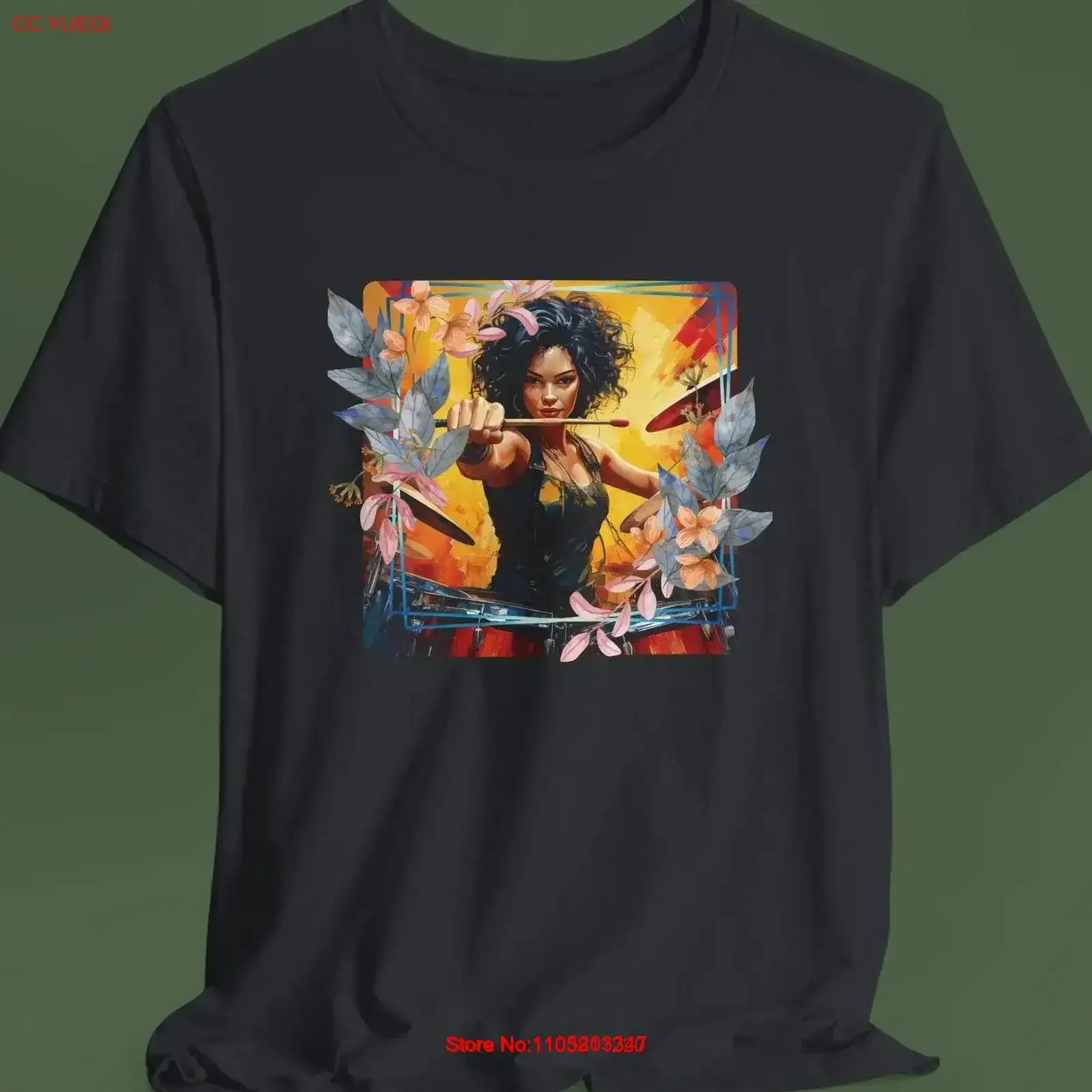 Camiseta de baterista para mujer, amante de la música, pelo negro azabache, banda Floral azul, ropa de batería para miembro, chica vintage lavada, ligeramente gráfica