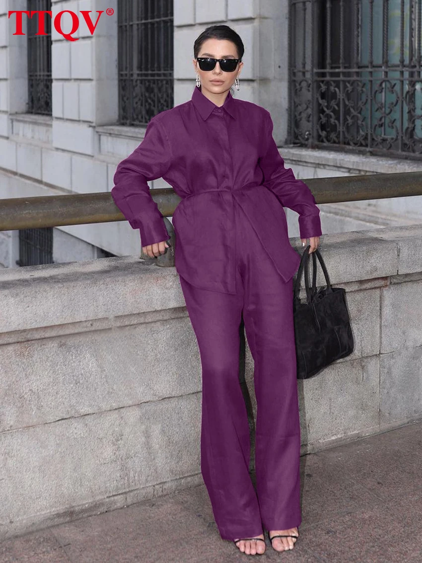 

TTQV Fashion Loose Purple Cotton Women's Two Pieces Set 2026 Elegant Long Sleeve Shirt With High Waist Wide Pants Set Female
