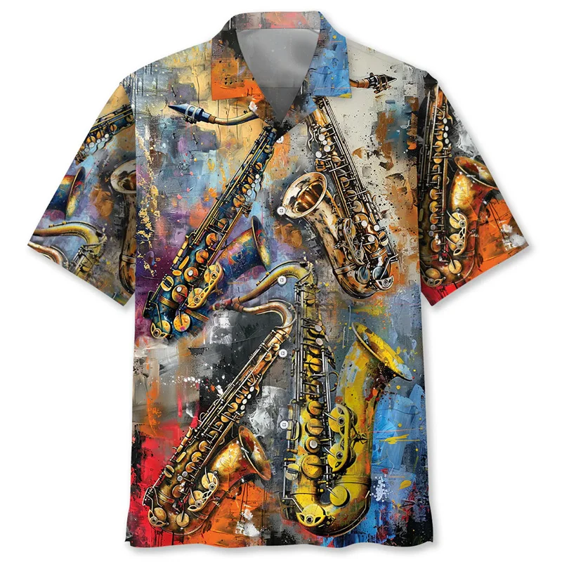 Camisa hawaiana Tropical de saxofón, blusa de manga corta con estampado 3D de instrumento Musical, camisas con botones para amantes de la música callejera