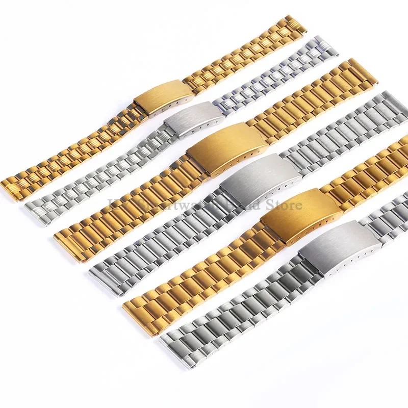 12mm 14mm 18mm 20mm Stainless Steel metal Watch Strap universal sport bracelet folding buckle wrist band Silver Gold Watch Band