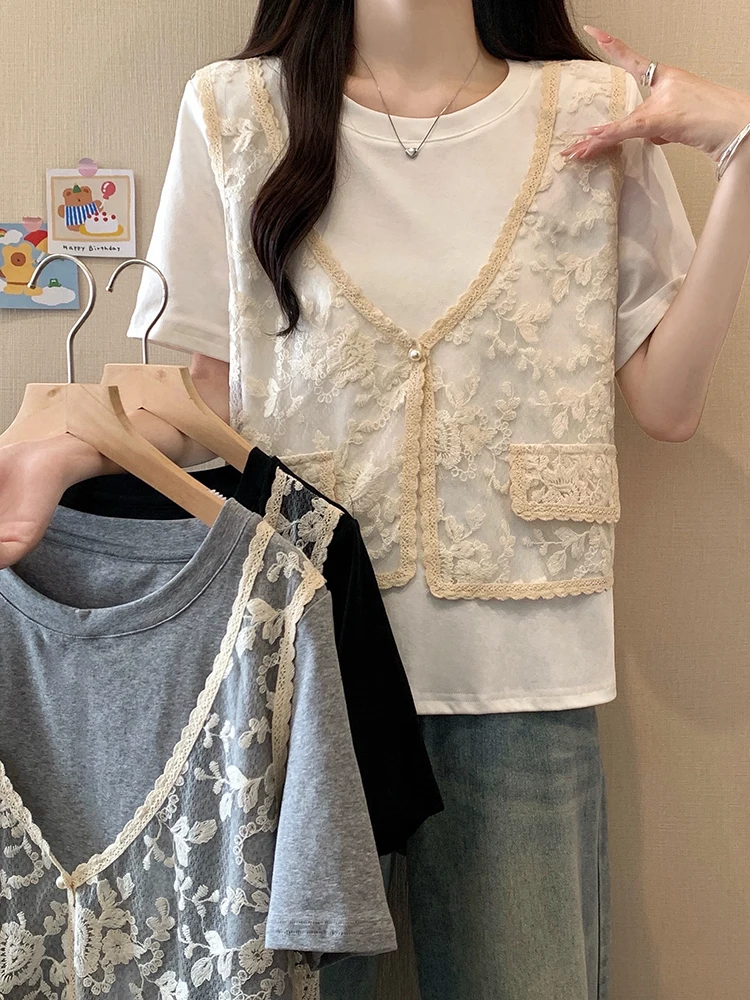 

plus Size Casual Loose Fit Short Sleeve T-Shirt Set with Lace Vest Color Block Design Women's Summer Breathable Skin-Friendly