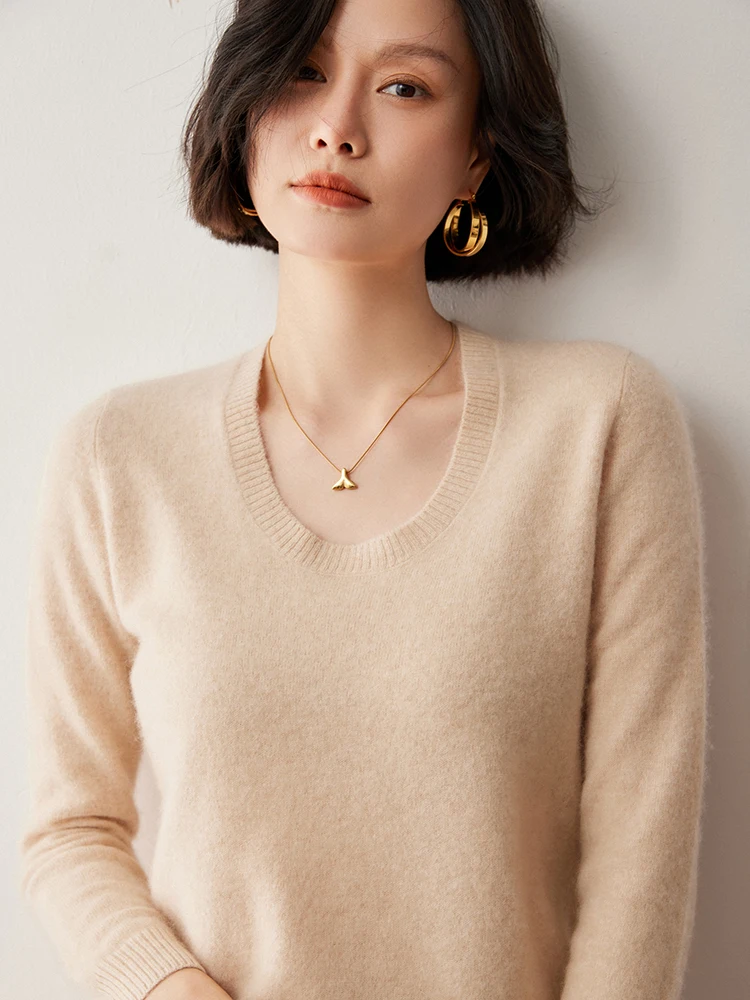 Autumn Winter High-end 100% Cashmere Sweater Women's Pullover Knitwear U-neck Solid Versatile Soft Basic Long Sleeve Tops