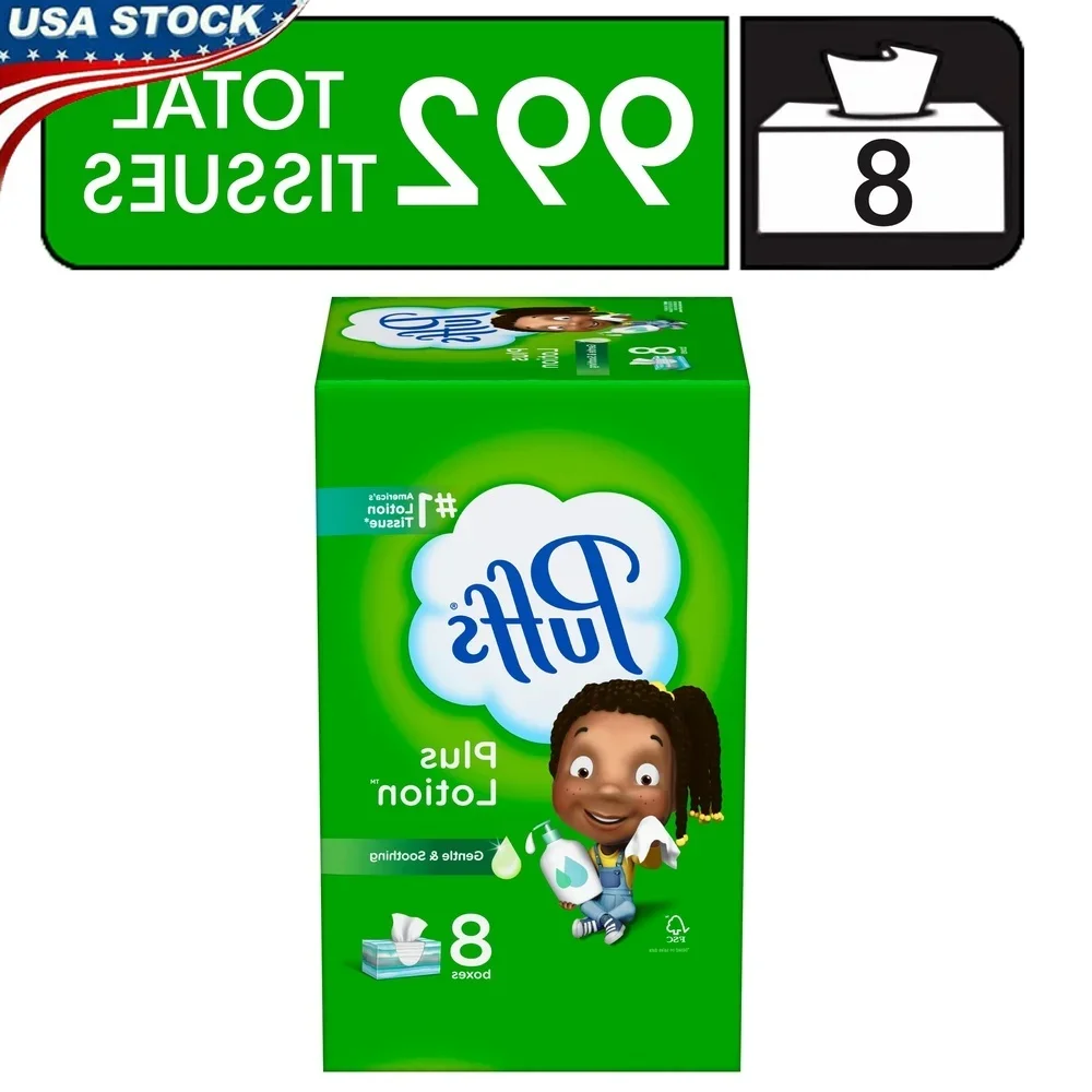 8 Boxes Plus Lotion Facial Tissue 124 Tissues Each 2-Ply Moisturizing Soft Gentle for Sensitive Skin