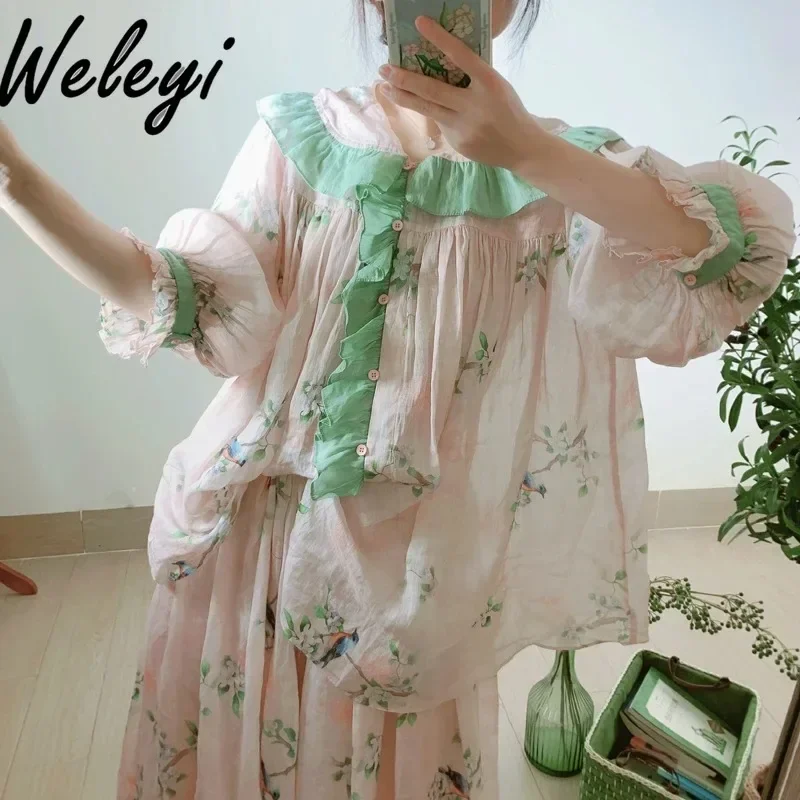 

Sweet Artistic Ramie Printed Ruffled Mid-Length Shirt Large Size Top 2024 New Loose Cotton and Linen Floral Printed Blouse Women