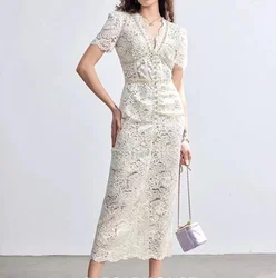 High Quality Luxury Summer Lace Prom Party Dress French Women V Neck Beaded Diamonds Hollow Out Folds Bodycon Slim Long Vestdos
