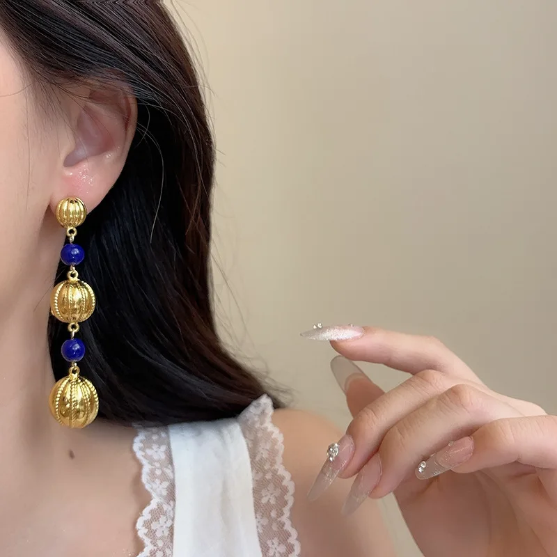 

Wholesale Fashion Trendy Bold Long Earrings Natural Lapis Bead Tri-Ball Ear Drop Dangle Exaggerated Vintage Jewelry For Women