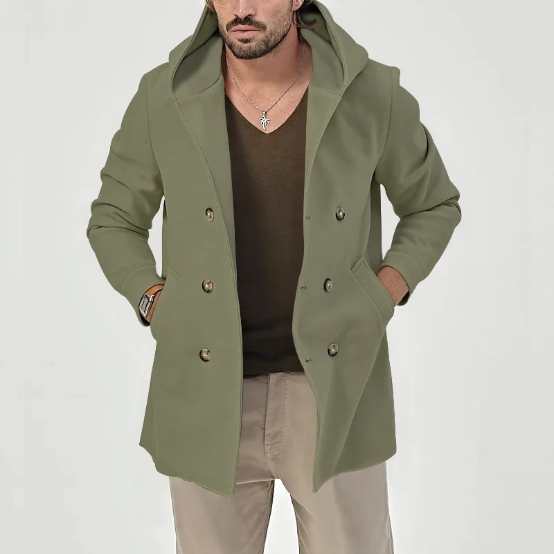 Autumn 2023 New Men Trench Coat Jacket Mid-length Hooded Double-breasted Casual Menswear Spring Cardigan Male Tops