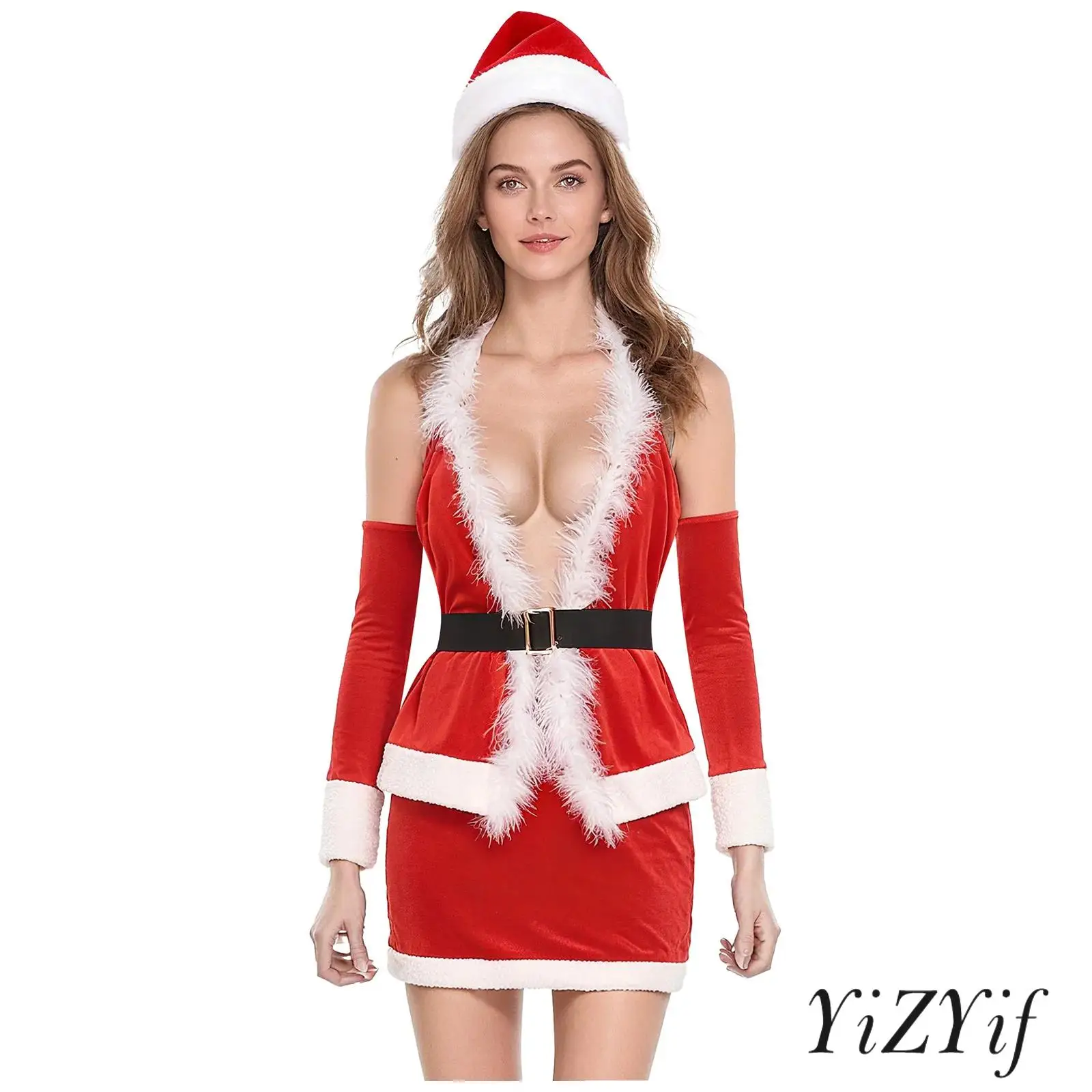 

Adults Women Christmas Santa Outfit Contrast Color Halter Sleeveless Top with Matched Oversleeves Waistbelt And Short Skirt Set