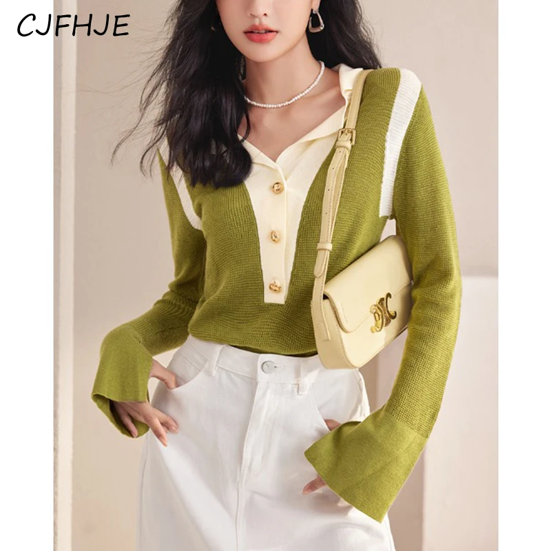 

CJFHJE New Women's V-neck Minimalist Knitted Shirt Spring Korean Fashion Loose Women Contrast Panel Long Sleeved Knitted Top