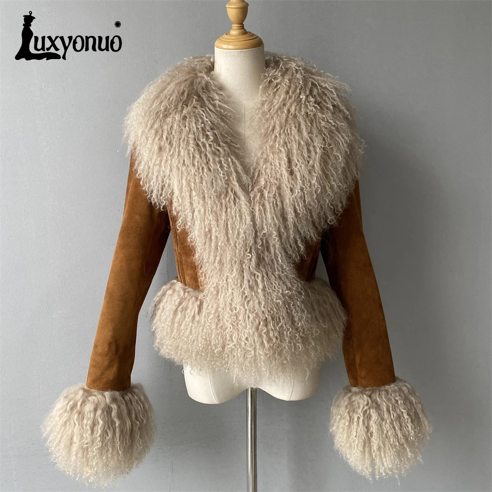 Luxyonuo Real Leather Coat with Fluffy Mongolian Sheep Fur Trim Winter Warm Genuine Leather Jacket Ladies Fashion Outerwear Fall