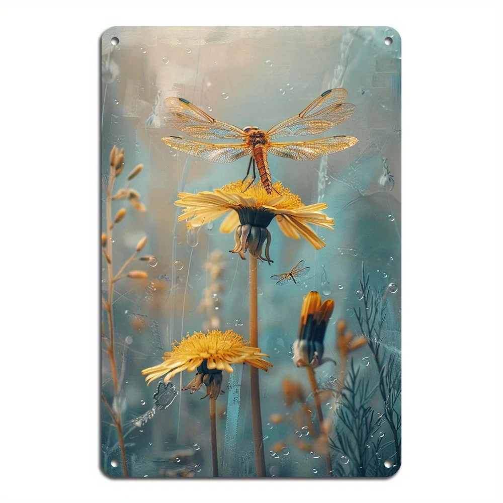 1PC Dandelion and Dragonfly Vintage Metal Plaque Iron Wall Art Decor Durable Garden and Home Hanging Sign Measures 8x12 Inches