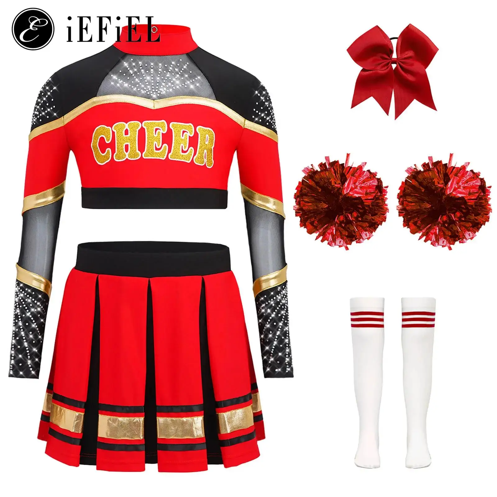 

Girls Cheerleading Uniform Costume Rhinestone Crop Top with Pleated Skirt Flower Balls Socks Headwear Cheerleader Dance Outfits