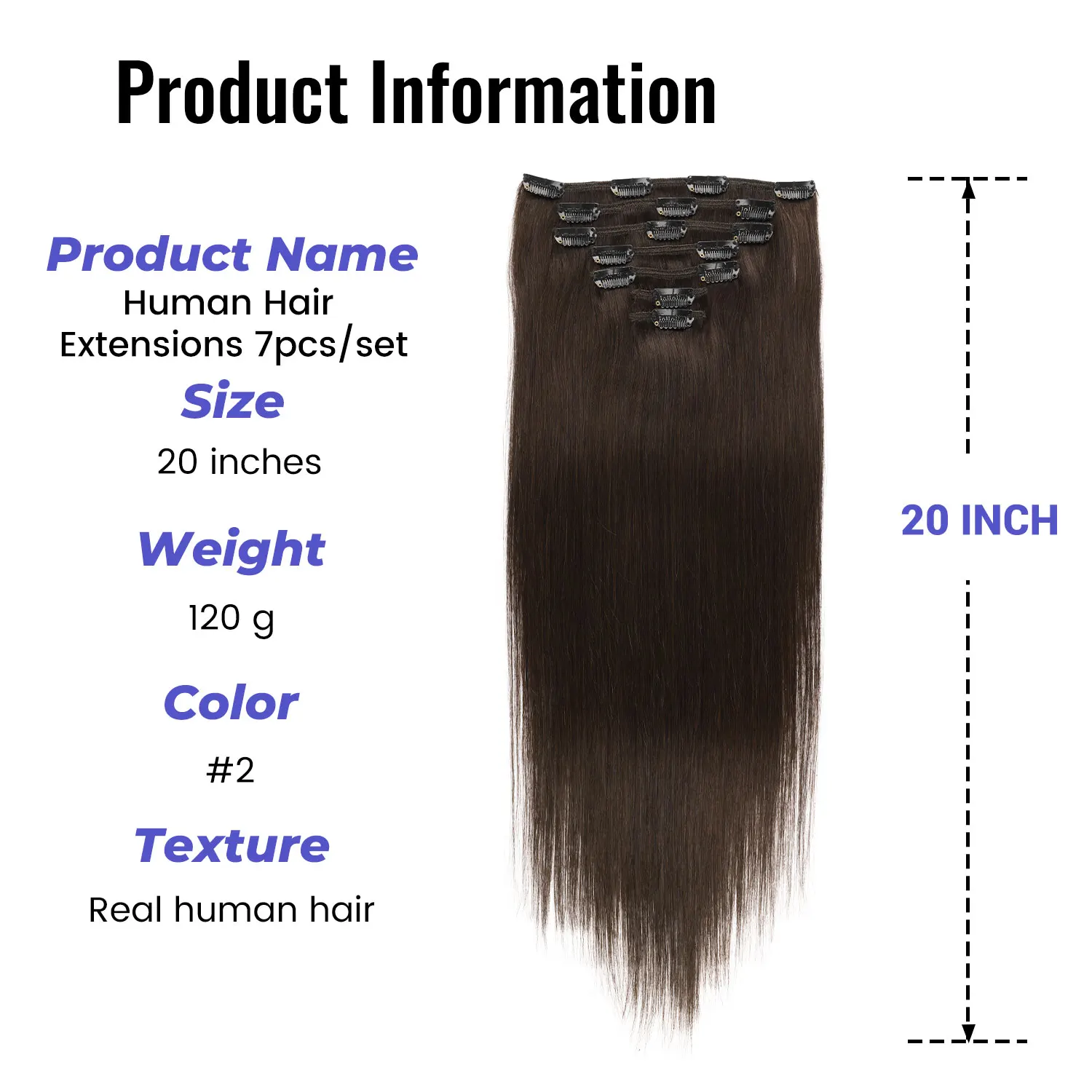 Human Hair Extensions Clip in Remy Hair 7pcs/set 120g Silk Straight Hair 20'' 22'' 24'' Dark Brown Color for Women Girls