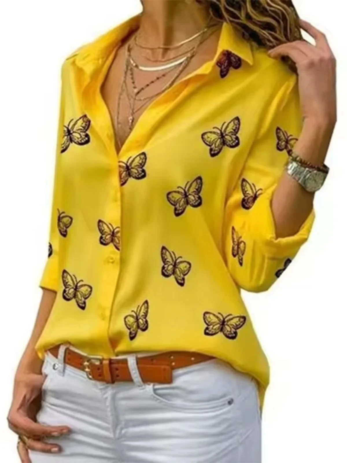 เสื้อเบลาส์ผู้หญิงลายดอกไม้ คอปกหลวม แขนยาว สไตล์ลำลอง แฟชั่น ใส่ทำงานได้ สวมใส่สบาย