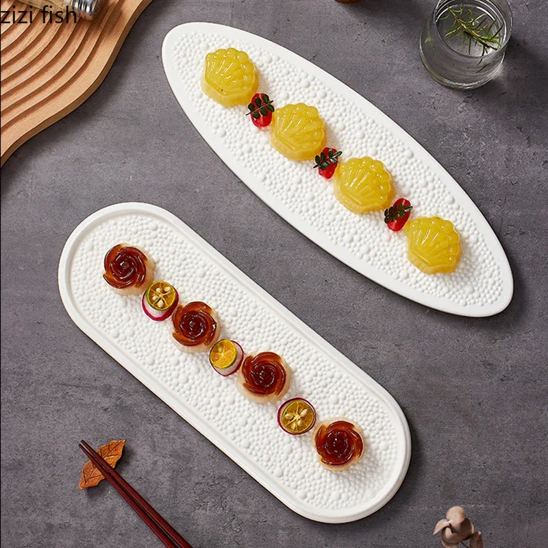 Pure White Pearl Dot Ceramic Oval Plate Dessert Plate Sushi Plate Long Strip Plates Molecular Cuisine Specialty Tableware