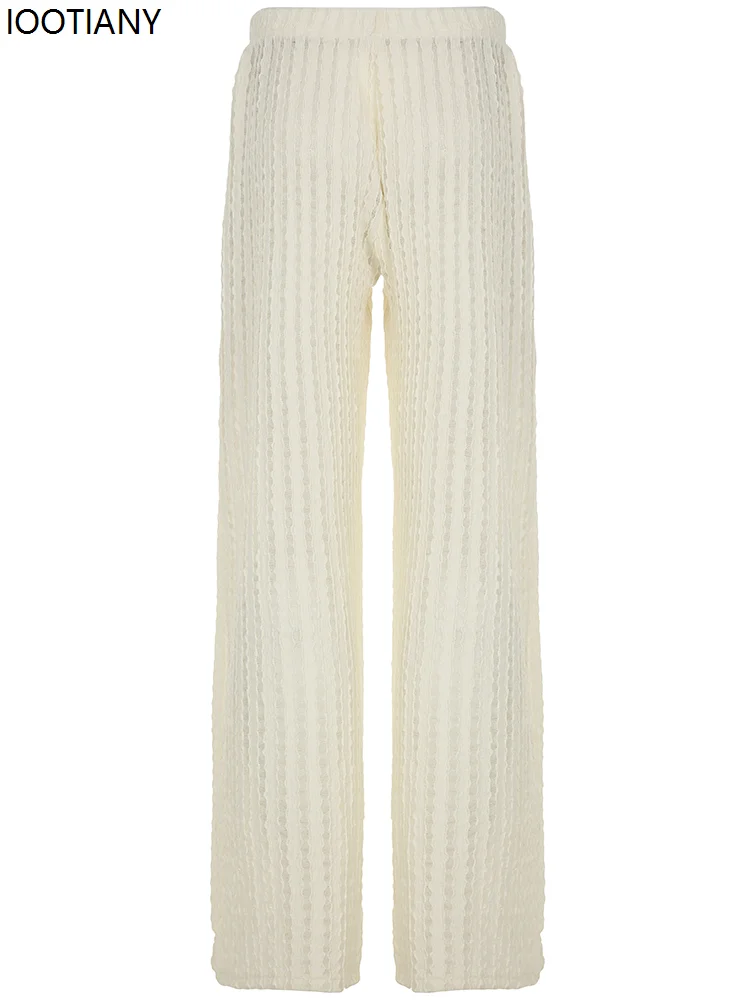 Beach Hollow Knitted Casual Pants Low Waist Loose Straight Pants Beautiful Women's Holiday Sexy Slightly Transparent Trousers