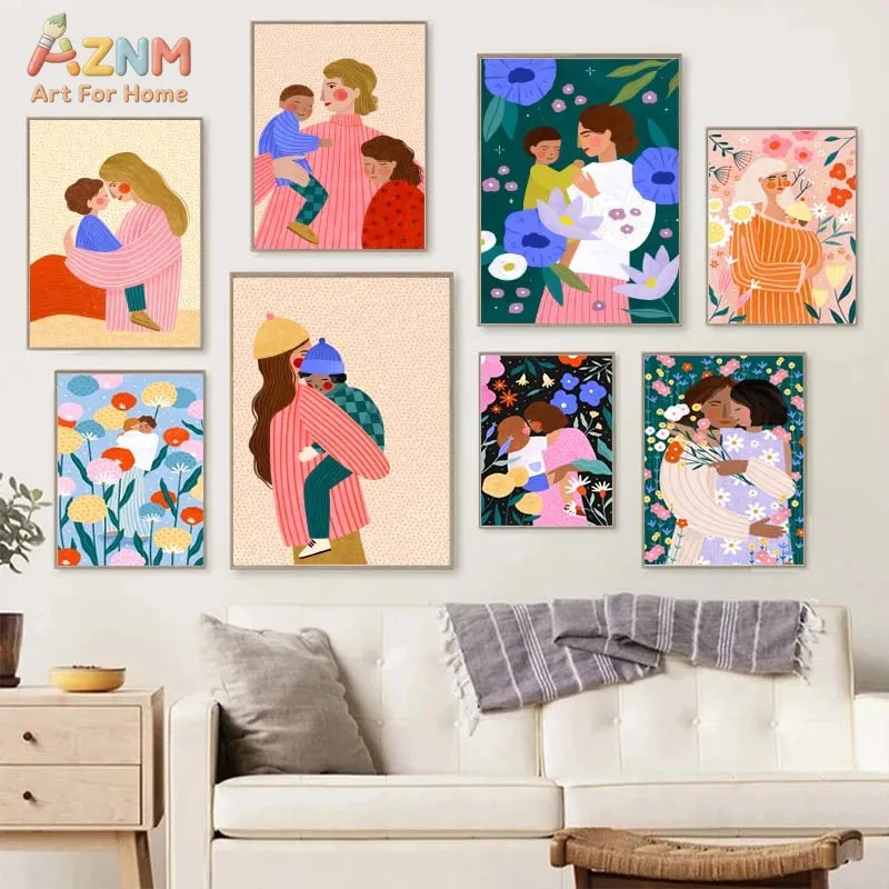 AZNM Unframed Cute Mother and Child Canvas Wall Art, Colorful Boho Mom and Kid Illustration Print, Warm Family Love Poster for N