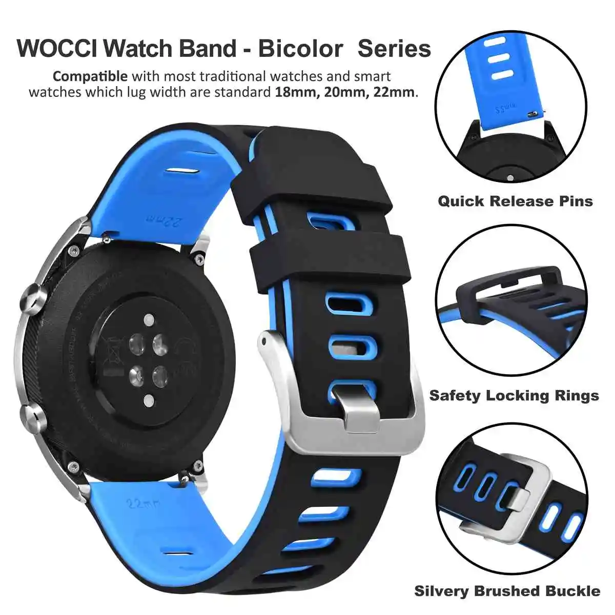 WOCCI Premium Silicone Watch Strap 18mm 20mm 22mm Bracelet for Samsung Galaxy Watch for Men Women Black Grey Blue Green Orange