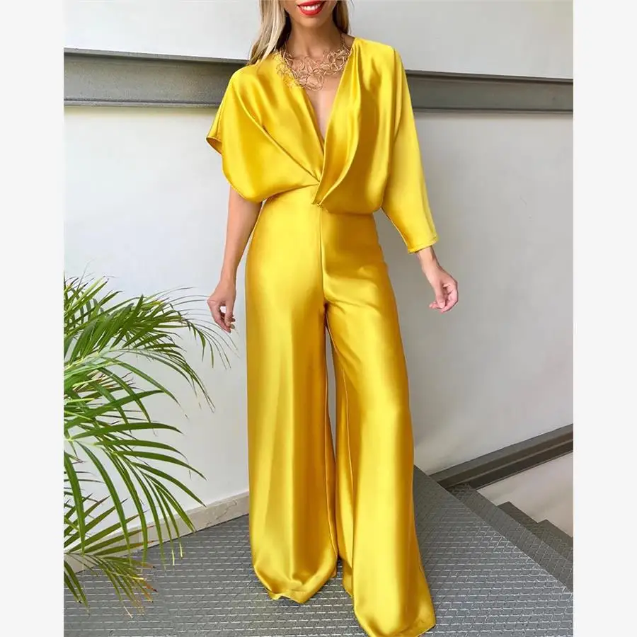 Combinaison asymétrique en Satin à jambes larges pour femmes, taille haute, une pièce, chauve-souris, pantalon décontracté, pour les déplacements, été, Faion