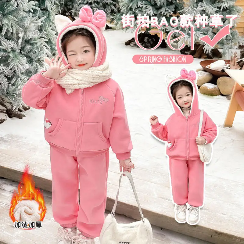 

Winter 2026 New Cute Kitten Anime Kids Fashion Thicken Warm Sportswear Set Sweet Girls' Clothing Girls Cartoon Hooded Sweatshirt