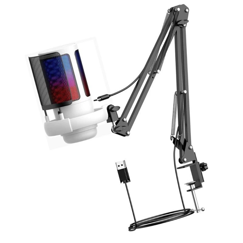 Professional Gaming Microphone Desktop USB Clip Mount Mic with Detachable Metal Shock Mount & LED Light Effects