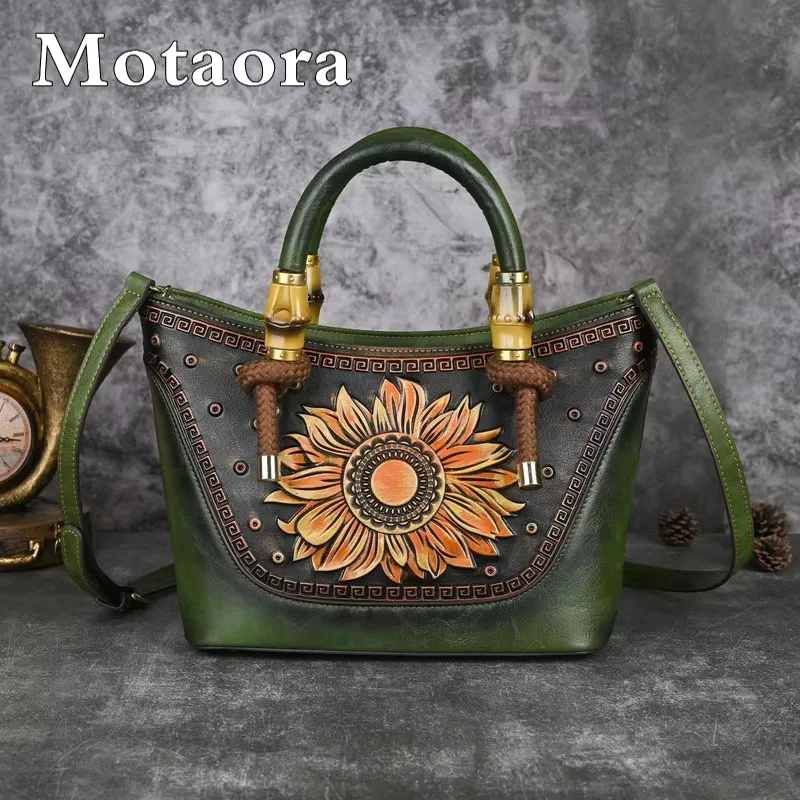 

MOTAORA Bamboo Handle Tote Bag for Women, Large Capacity Embossed Leather Crossbody Purse, Vintage Handbag with Adjustable Strap