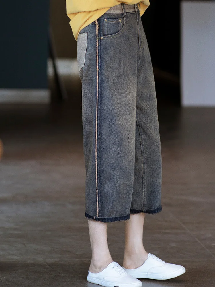 

Retro High Waist Straight Leg Jeans Women's Summer Thin Slimming Casual Wide Leg Pants Seven-Eight Length Worn Thin