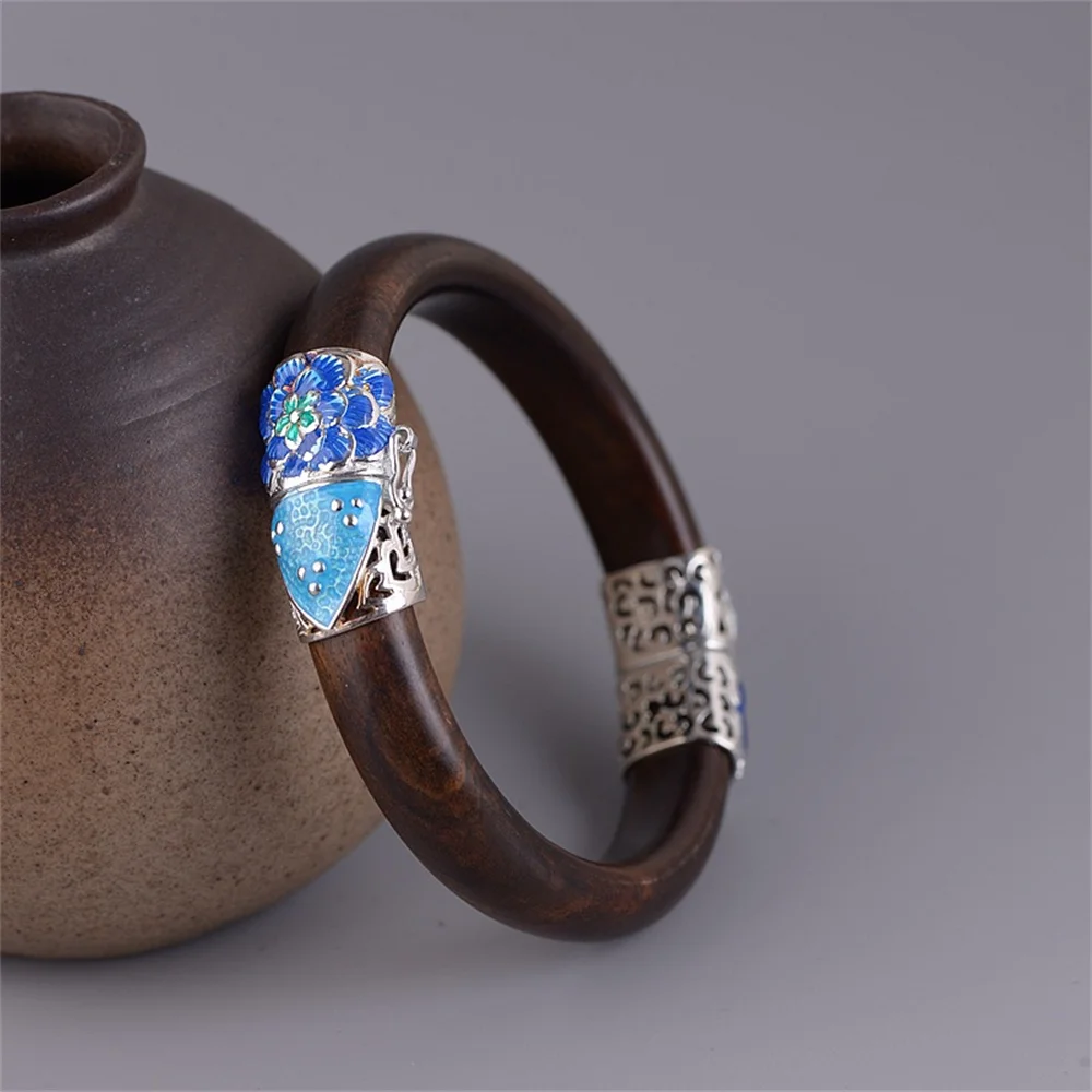 

Natural Black Sandalwood Bangles for Women Ethnic Enamel Blue 925 Silver Triangle Peony Bangle Vintage Floral Bracelets Opening