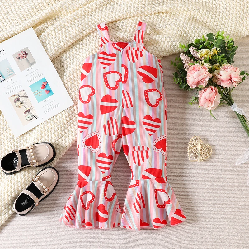 

Adorable Baby Girl Valentine s Day Outfit Heart Patterned Sleeveless Romper with Straps and Flared Bottoms