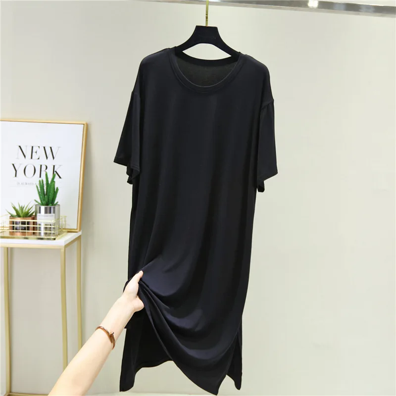 Modal Nightwear Dress Thin Round Neck Nightie Bottoming Skirt Women Split Nightdress Short Sleeve Sleepwear A-line nightgowns