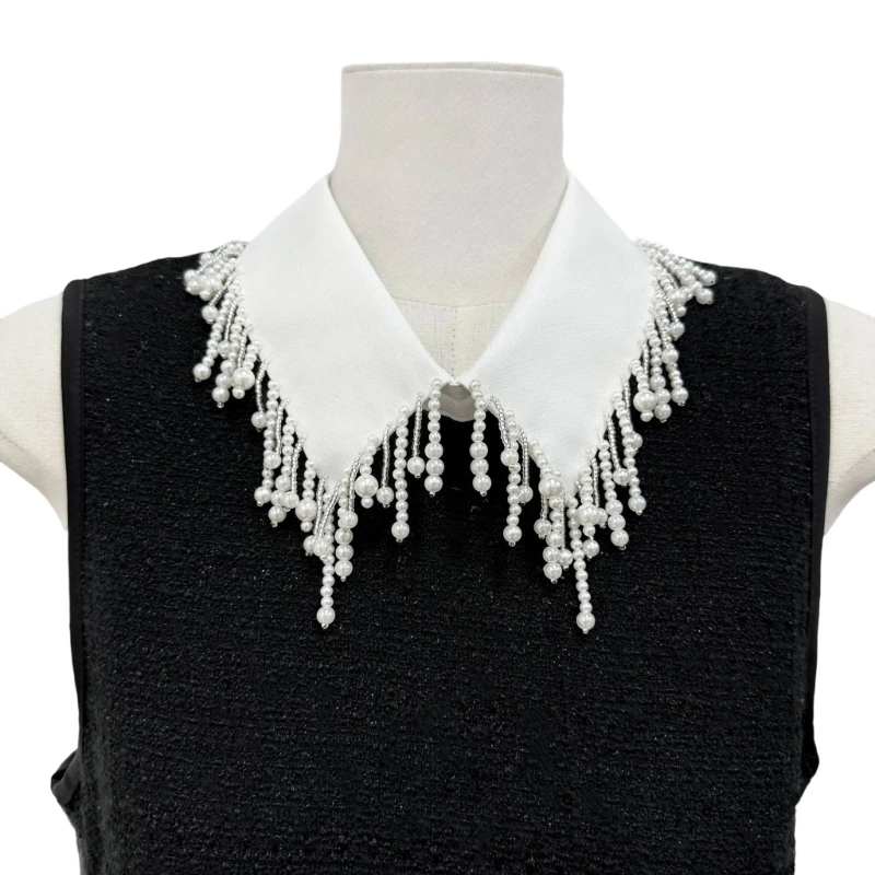 

Elegant Pearls Beaded Tassels Trim Detachable Faux Collar for Women Fashionable Bib Choker Necklace Clothing Accessory