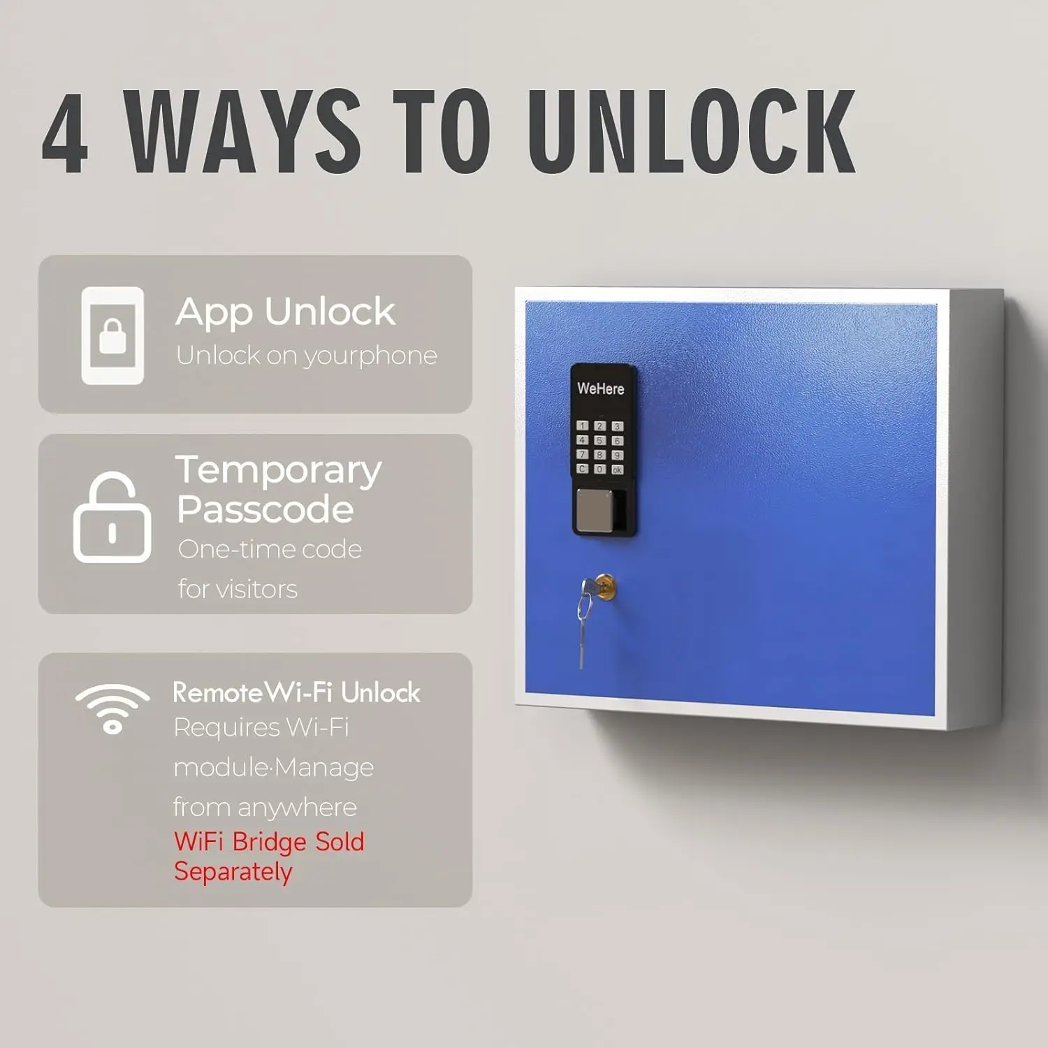 WeHere 40 Key Lock Box Wall Mount,Smart Key Cabinet,APP Bluetooth/One Time Password/Wi-Fi Remote/Fixed Code/Key Unlock
