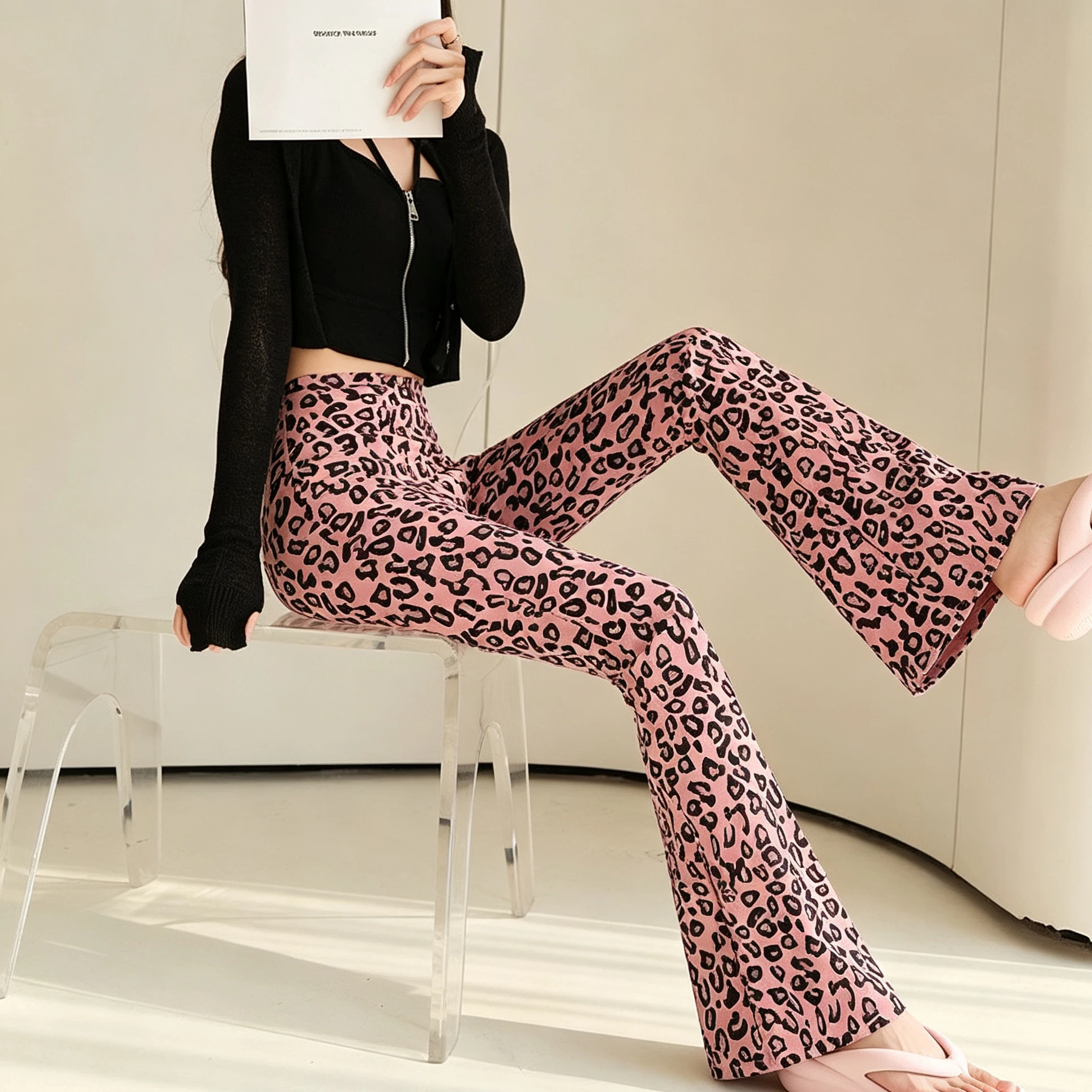 Women's High Waist Yoga Pants Leopard Print Micro Flared Design for Lifting Hips Yoga Fitness Gym Running Trousers