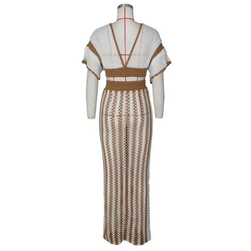 Women Fashion Striped Hollow Out Knitted Two Piece Set V-neck Short Sleeve Backless Tassel Lace Up Crop Tops + Long Skirts Suits