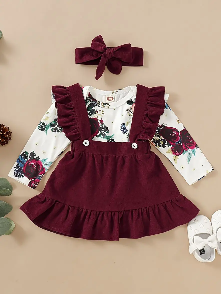 Newborn Baby Girl Clothes Set Floral Long Sleeve Romper Suspender  Ruffle Dress and Bowknot Headband 3Pcs Outfit for 0-18 Months