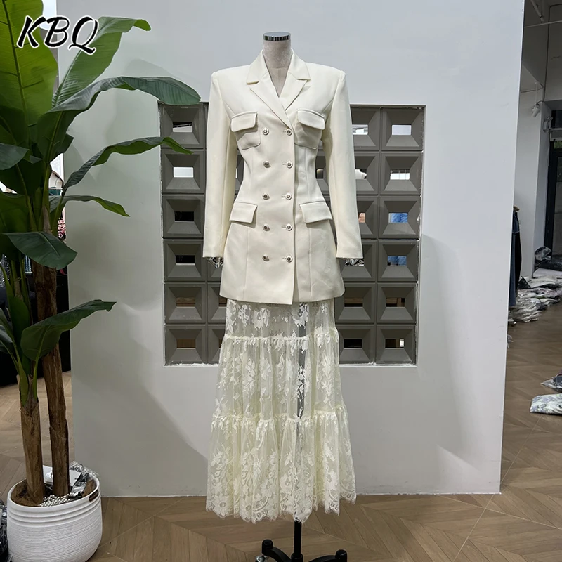 

KBQ Solid Two Piece Sets for Women Notched Collar Long Sleeve Spliced Button Coats High Waist Mesh Skirts Chic Set Female New