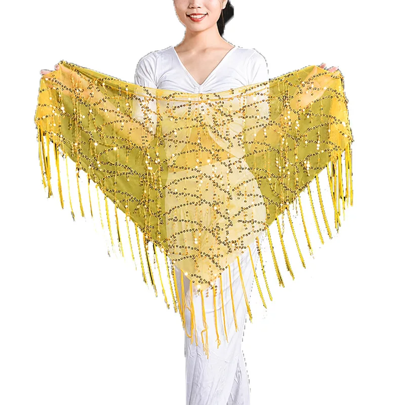 Best Seller Belly Dance Accessory Set | Sequin Fringe Triangle Scarf & Waist Chain, Performance Hip Scarf with Practice Skirt