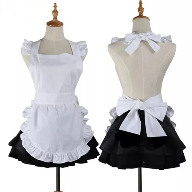 Female White Pink Housewife Maid Cotton Apron Korean Bowknot Cute Halter Pinafore Sweet French Lolita Anime Uniform For Women UY