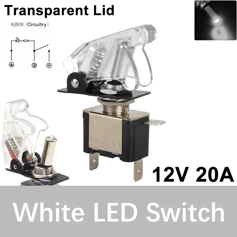 Beleuchteter LED-Kippschalter für Auto, Auto, Boot, LKW, mit Sicherheitsflugzeug, hochklappbarer Abdeckungsschutz, 12 V, 20 A, transparent