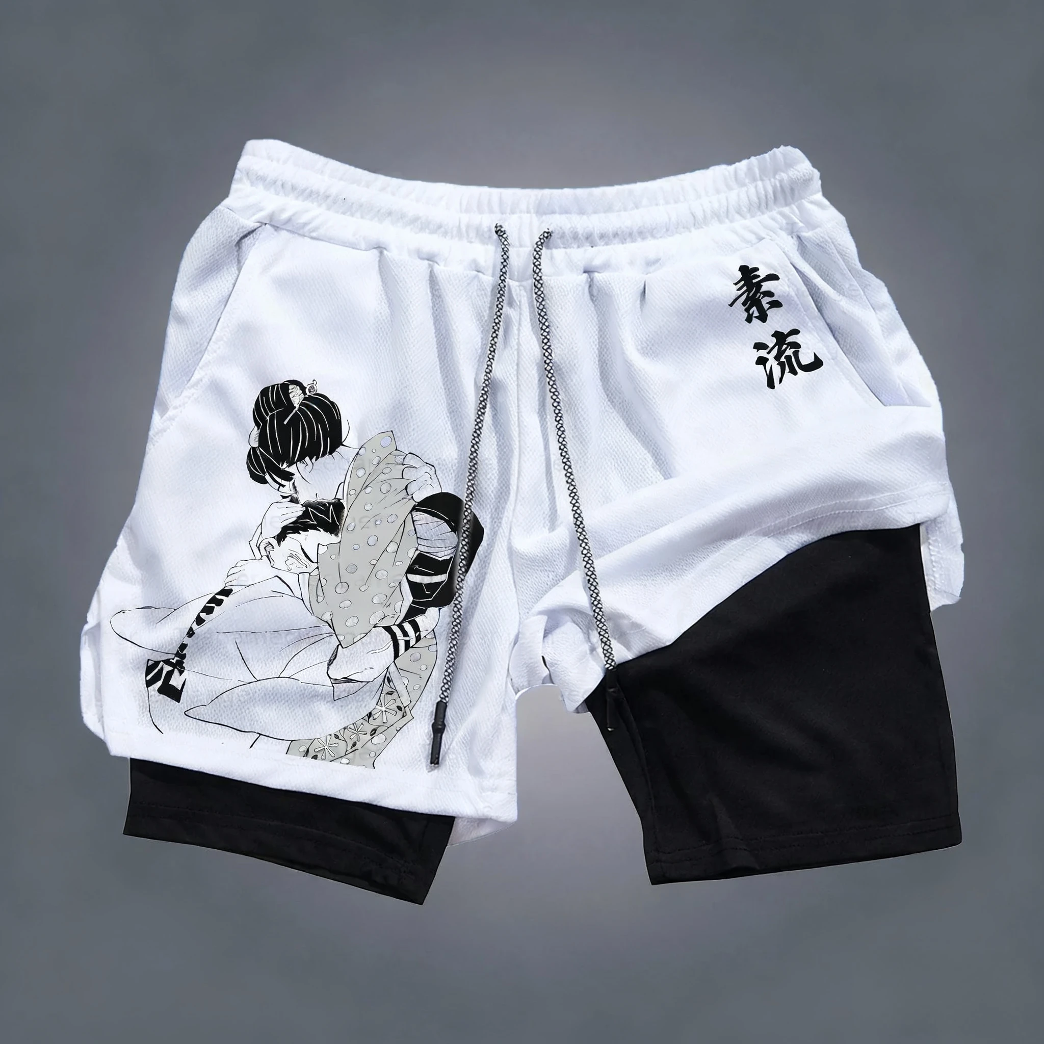 

Двухслойные шорты с принтом аниме Demon Slayer, новинка лета 205, американские уличные модные спортивные шорты для фитнеса и пешего туризма 2-в-1
