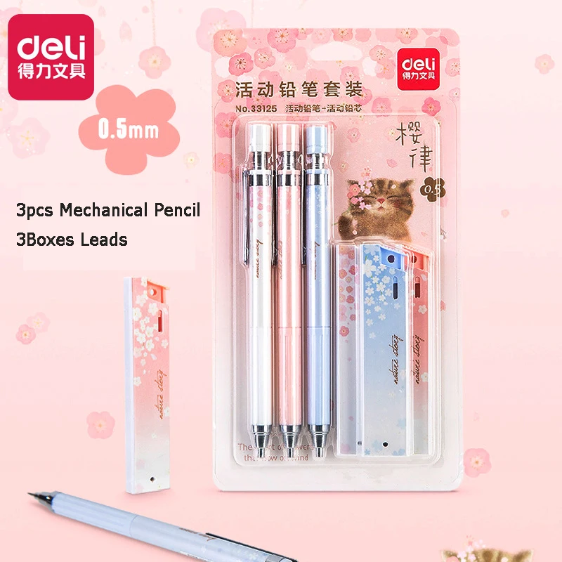 Kawaii Sakura Mechanical Pencil Set, 3pcs 0.5m Automatic Pencils & 3Pack HB Leads for Writing Draft Drawing Sketch Architecture