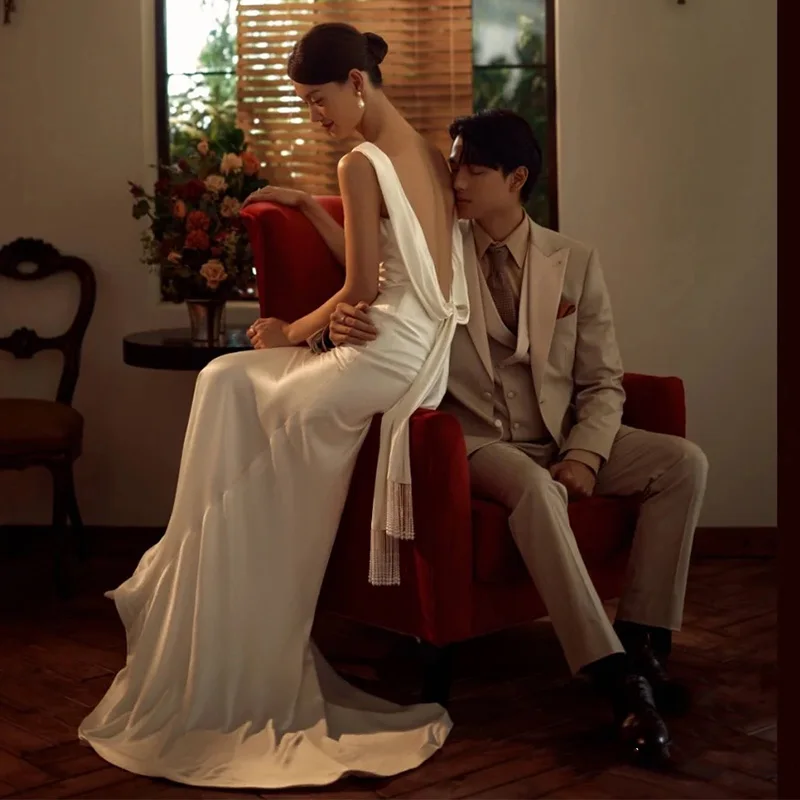 

Simple Ele Satin Fi Tail Wedding Dr Bal Long Train Gown for Bride Entrance Ceremony Reception Soft Polyester