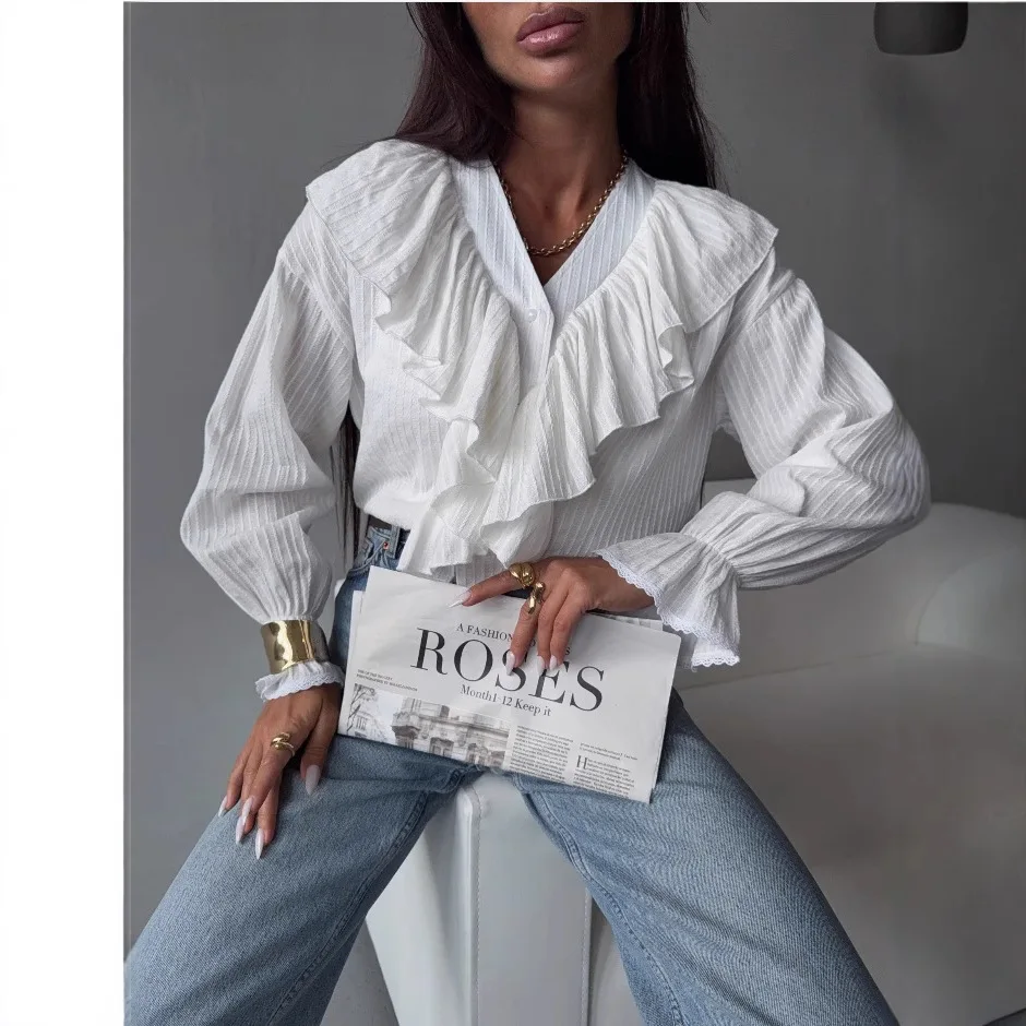 

V-neck Ruffled French Retro Long Sleeved Shirt Women Loose Top 2026 Spiring New