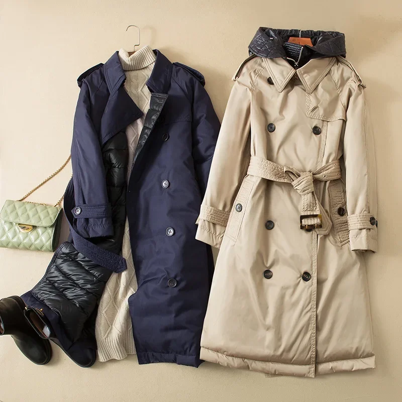 

2025 Winter European Women's Down Jacket Commuting Splicing Double Breasted Slim Fit Windbreaker Down Jacket